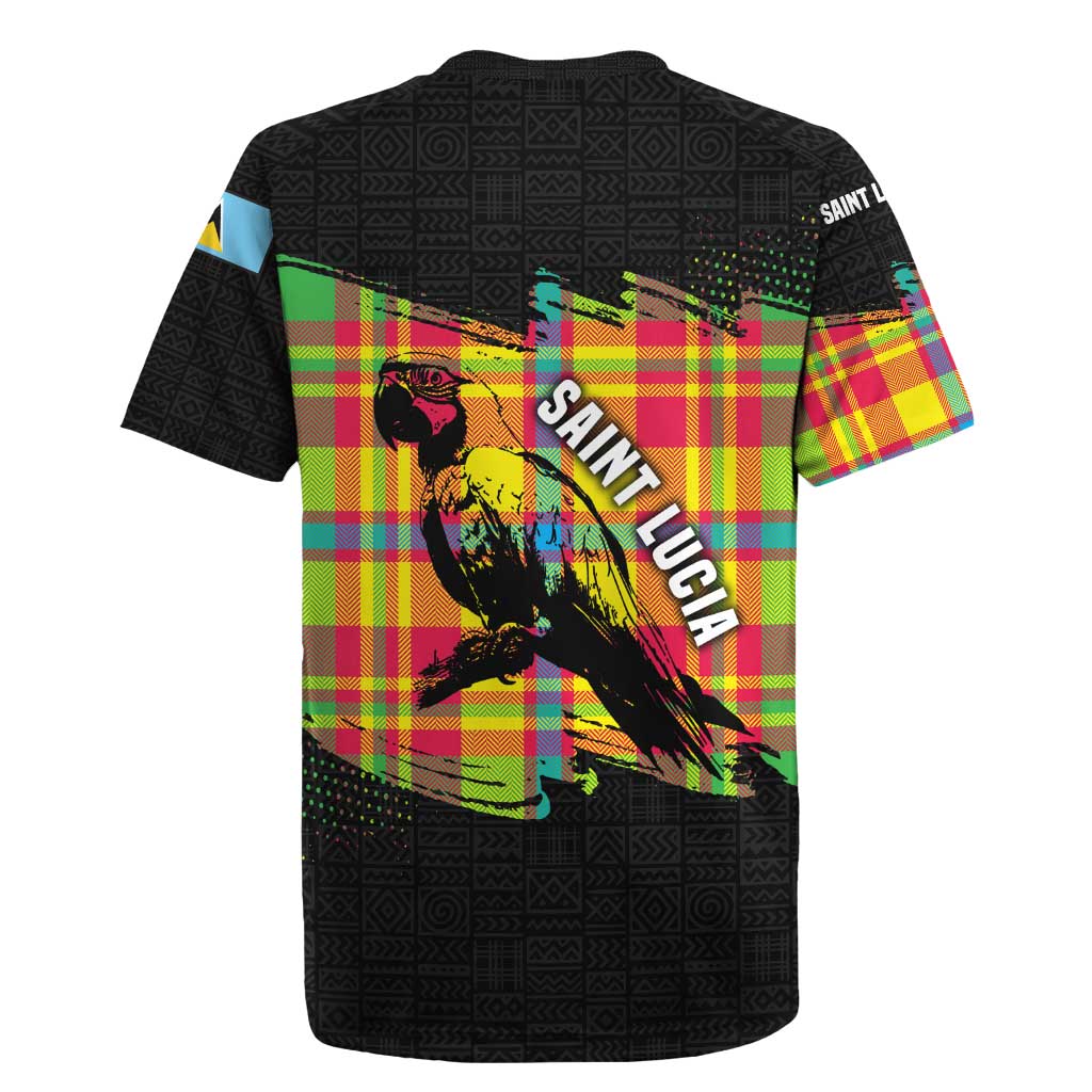 Saint Lucia Parrot Rugby Jersey with Madras Pattern and Cultural Black Motif Design - Wonder Print Shop