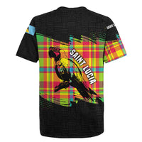 Saint Lucia Parrot Rugby Jersey with Madras Pattern and Cultural Black Motif Design - Wonder Print Shop