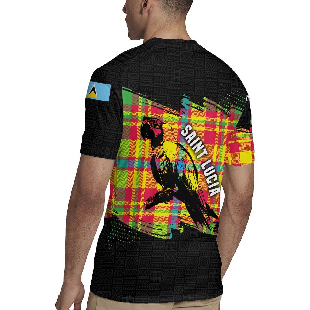 Saint Lucia Parrot Rugby Jersey with Madras Pattern and Cultural Black Motif Design - Wonder Print Shop