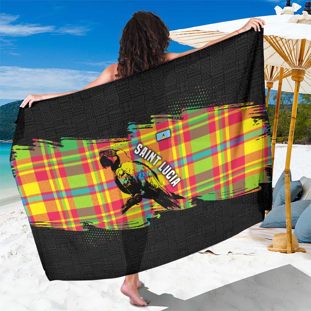 Saint Lucia Parrot Sarong with Madras Pattern and Cultural Black Motif Design - Wonder Print Shop