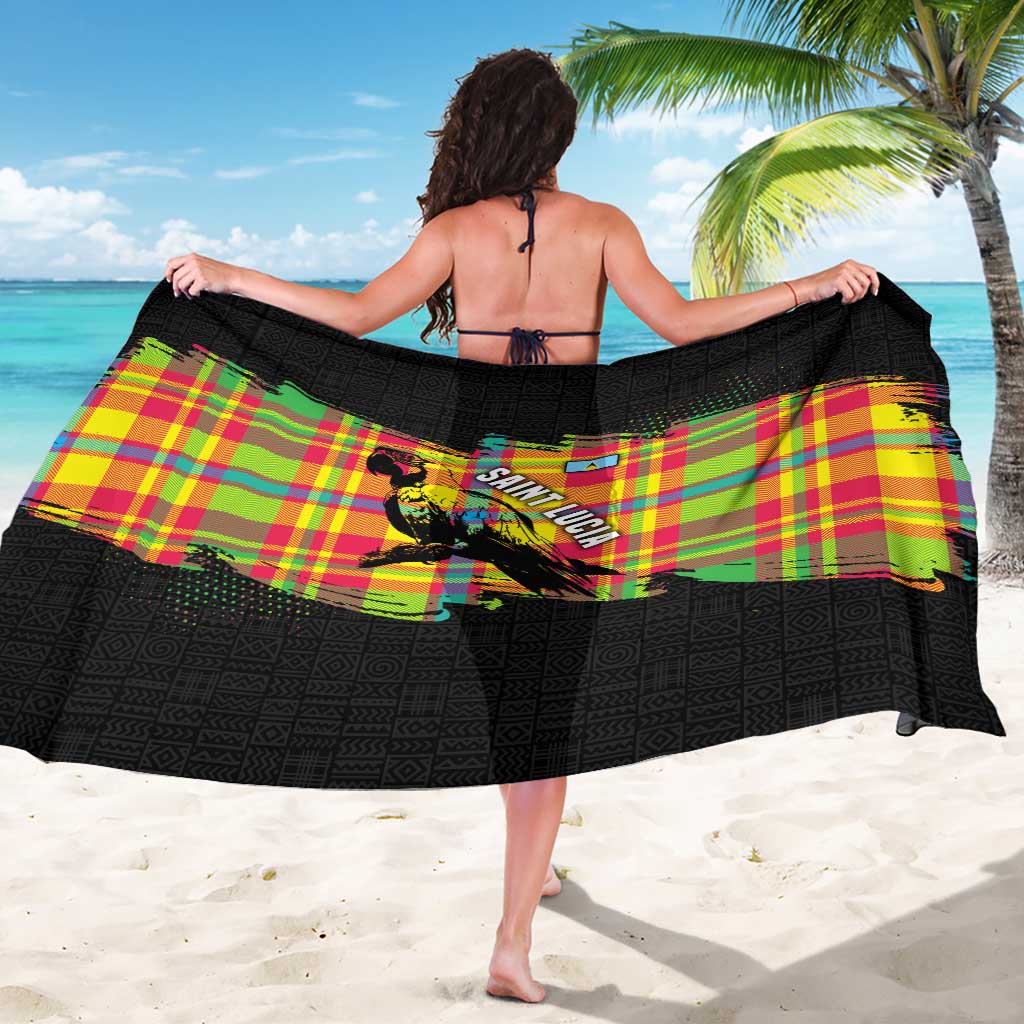 Saint Lucia Parrot Sarong with Madras Pattern and Cultural Black Motif Design - Wonder Print Shop