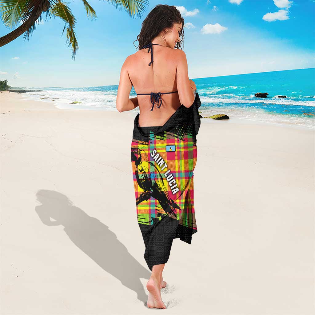 Saint Lucia Parrot Sarong with Madras Pattern and Cultural Black Motif Design - Wonder Print Shop