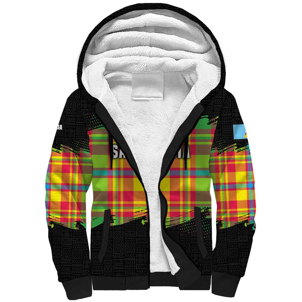 Saint Lucia Parrot Sherpa Hoodie with Madras Pattern and Cultural Black Motif Design - Wonder Print Shop