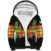 Saint Lucia Parrot Sherpa Hoodie with Madras Pattern and Cultural Black Motif Design - Wonder Print Shop