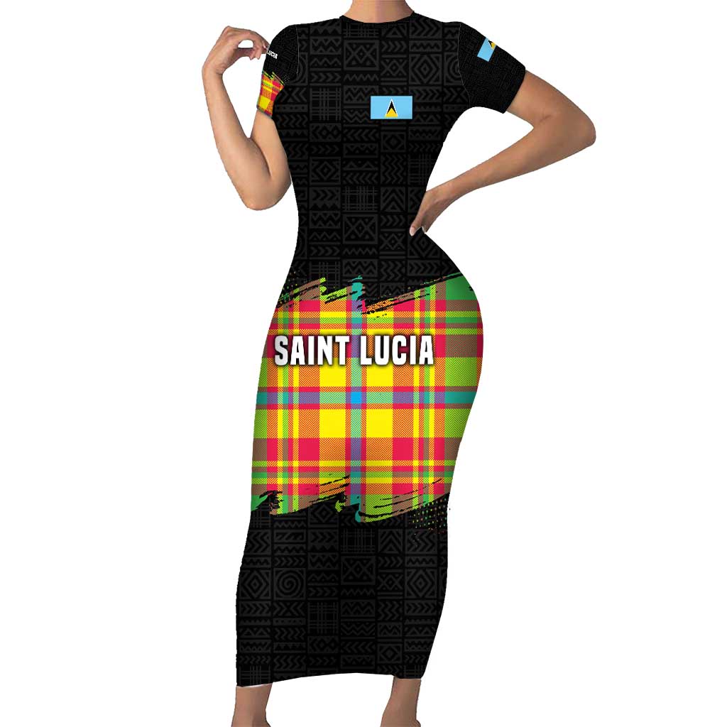 Saint Lucia Parrot Short Sleeve Bodycon Dress with Madras Pattern and Cultural Black Motif Design - Wonder Print Shop