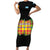 Saint Lucia Parrot Short Sleeve Bodycon Dress with Madras Pattern and Cultural Black Motif Design - Wonder Print Shop