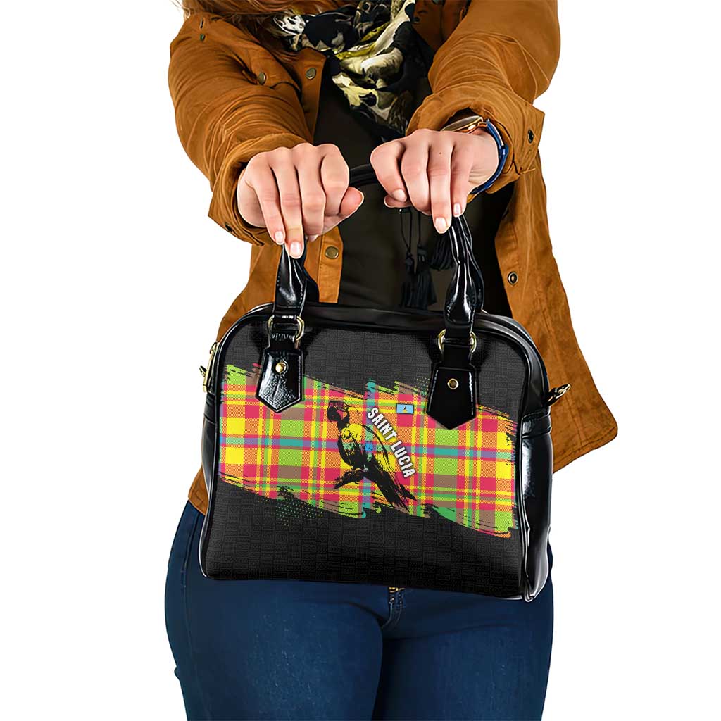 Saint Lucia Parrot Shoulder Handbag with Madras Pattern and Cultural Black Motif Design - Wonder Print Shop