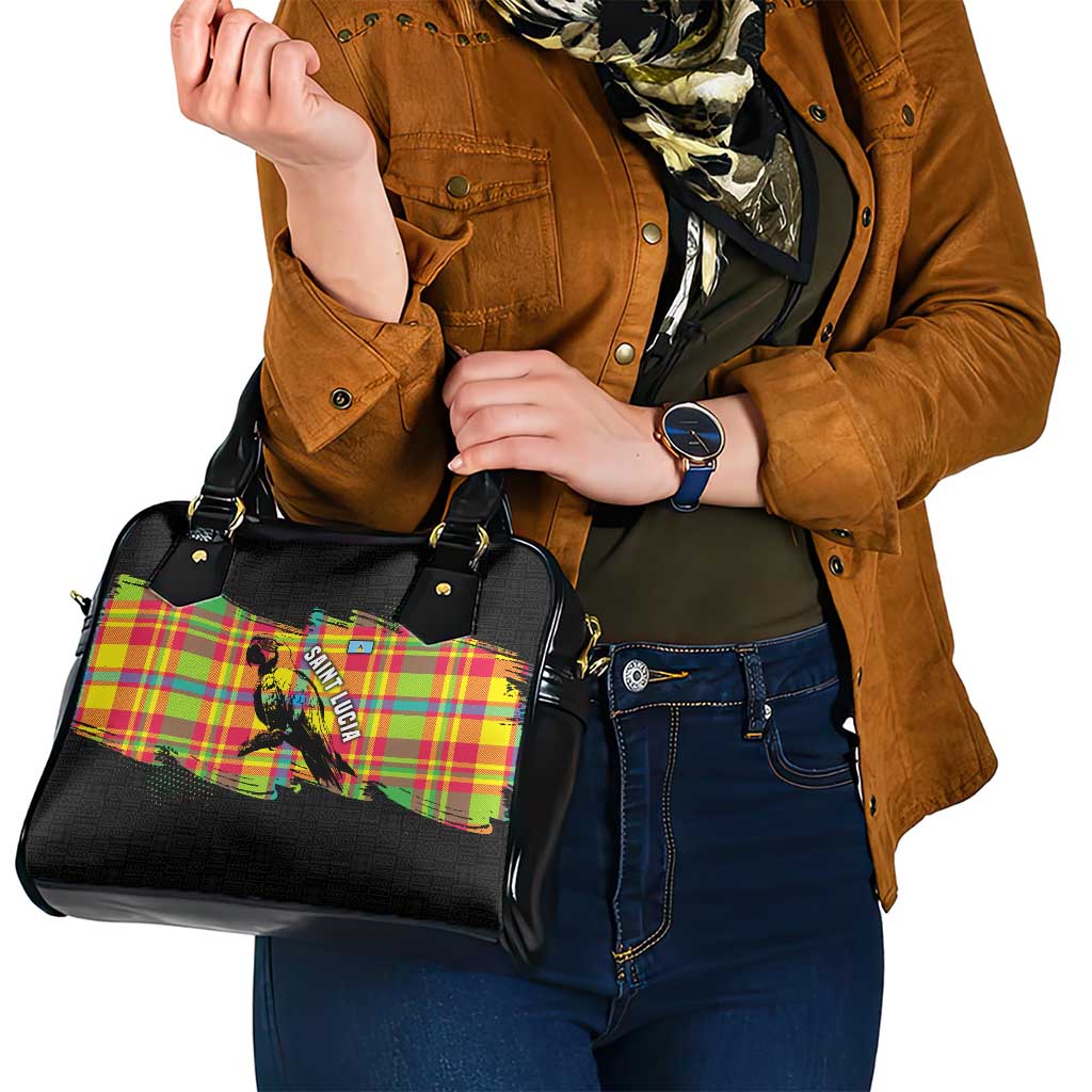 Saint Lucia Parrot Shoulder Handbag with Madras Pattern and Cultural Black Motif Design - Wonder Print Shop