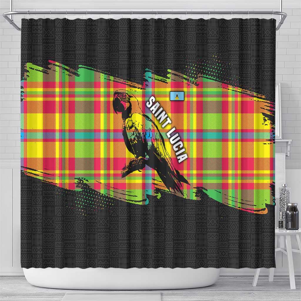 Saint Lucia Parrot Shower Curtain with Madras Pattern and Cultural Black Motif Design - Wonder Print Shop