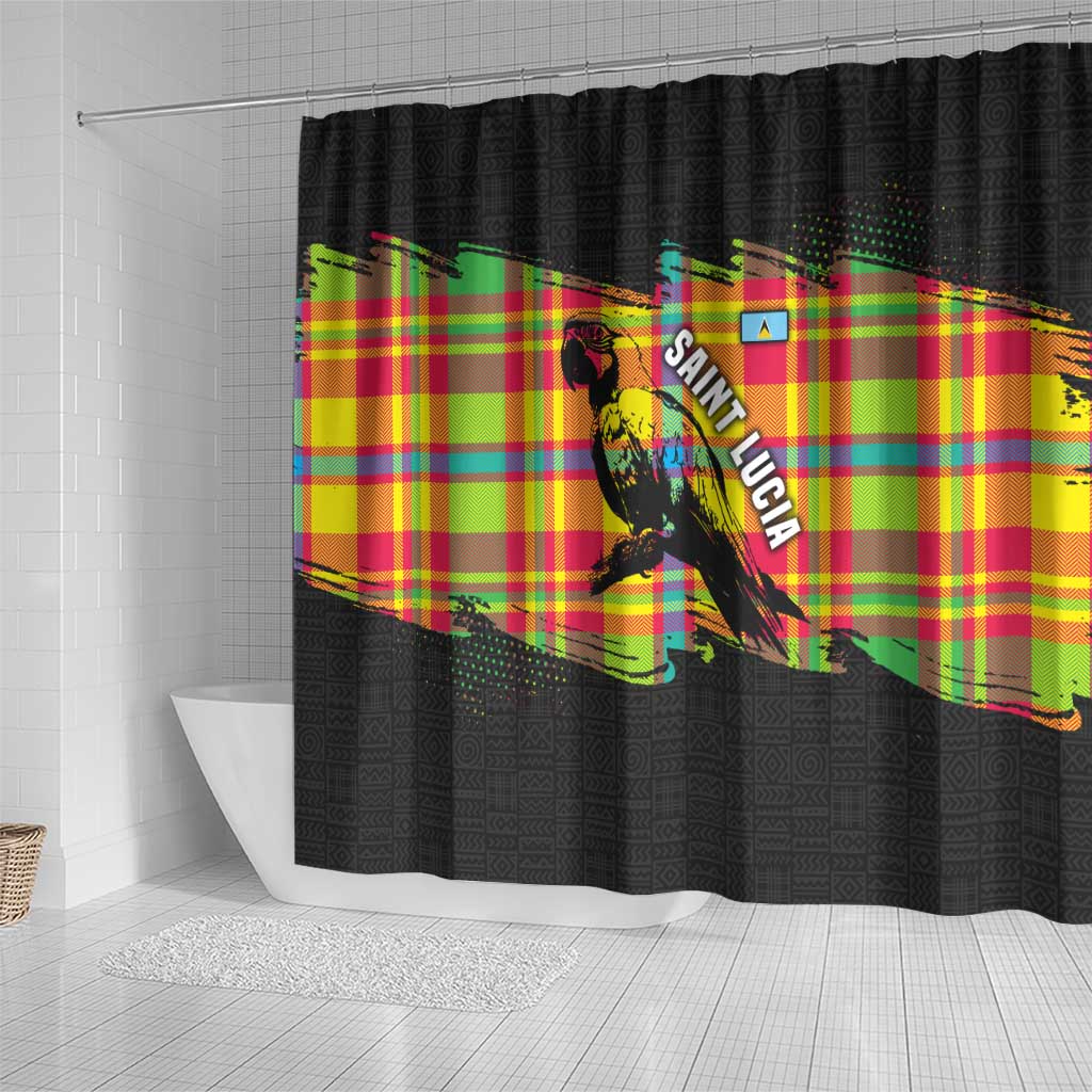 Saint Lucia Parrot Shower Curtain with Madras Pattern and Cultural Black Motif Design - Wonder Print Shop