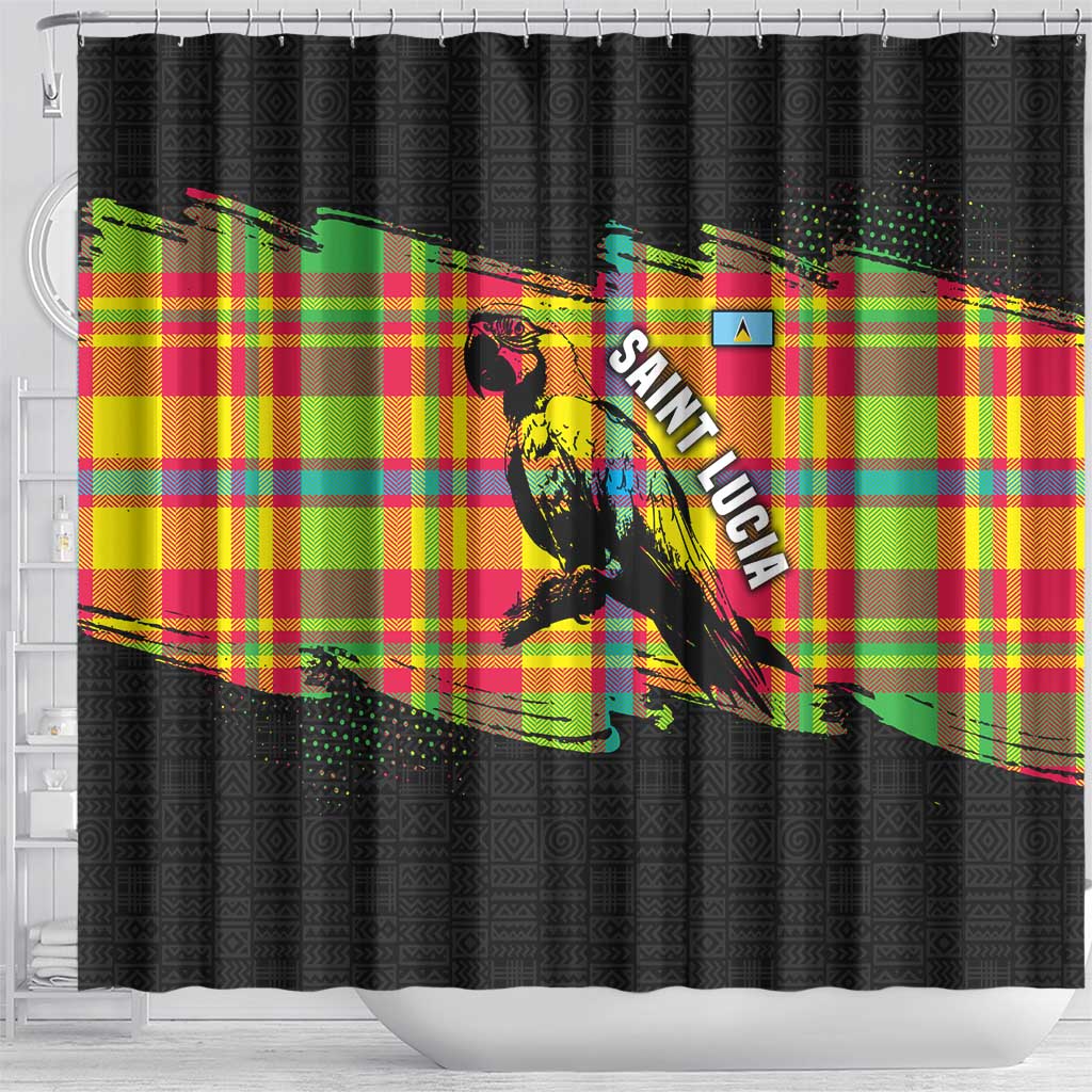 Saint Lucia Parrot Shower Curtain with Madras Pattern and Cultural Black Motif Design - Wonder Print Shop