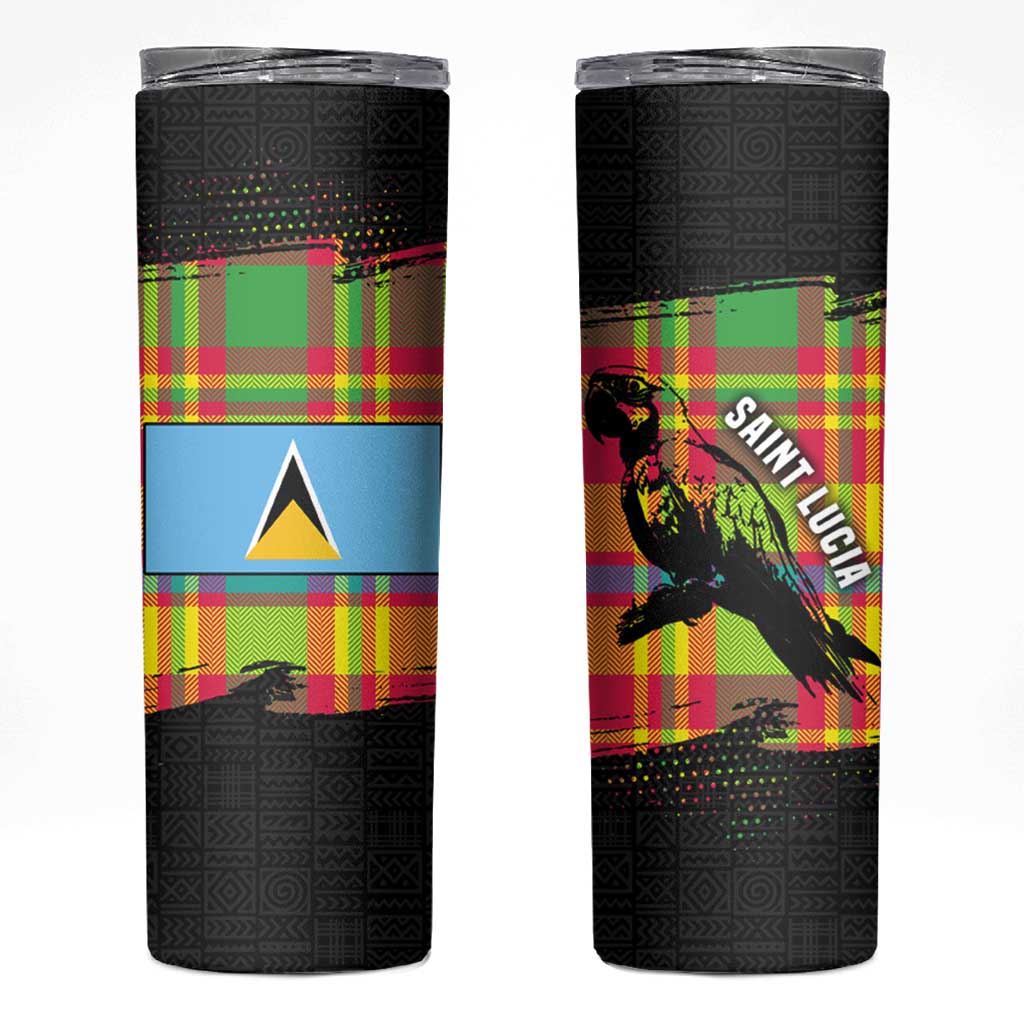 Saint Lucia Parrot Skinny Tumbler with Madras Pattern and Cultural Black Motif Design - Wonder Print Shop