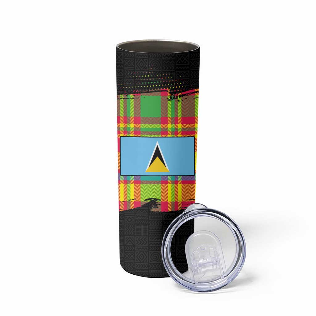 Saint Lucia Parrot Skinny Tumbler with Madras Pattern and Cultural Black Motif Design - Wonder Print Shop
