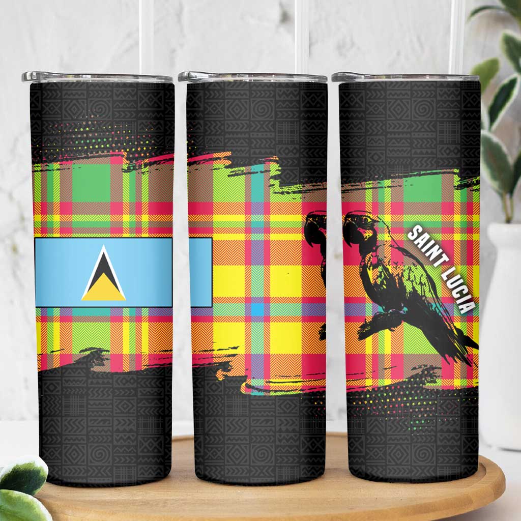 Saint Lucia Parrot Skinny Tumbler with Madras Pattern and Cultural Black Motif Design - Wonder Print Shop