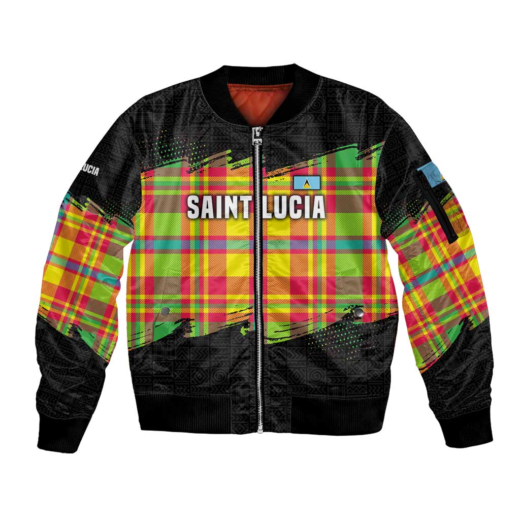 Saint Lucia Parrot Sleeve Zip Bomber Jacket with Madras Pattern and Cultural Black Motif Design - Wonder Print Shop