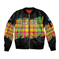 Saint Lucia Parrot Sleeve Zip Bomber Jacket with Madras Pattern and Cultural Black Motif Design - Wonder Print Shop