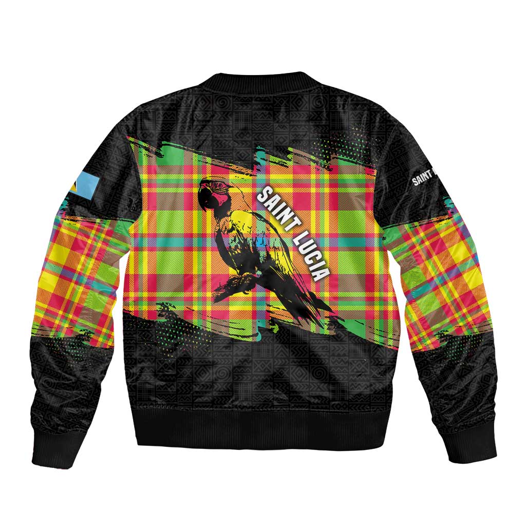 Saint Lucia Parrot Sleeve Zip Bomber Jacket with Madras Pattern and Cultural Black Motif Design - Wonder Print Shop