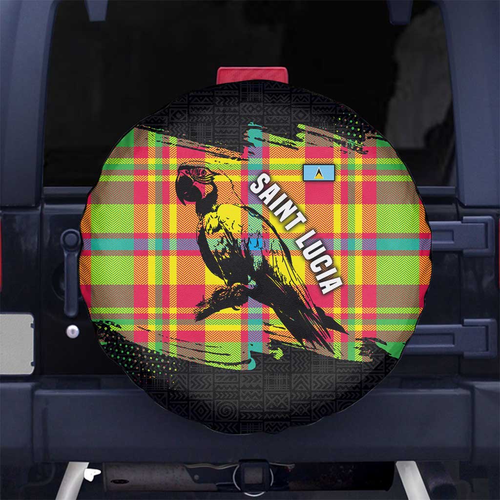 Saint Lucia Parrot Spare Tire Cover with Madras Pattern and Cultural Black Motif Design - Wonder Print Shop