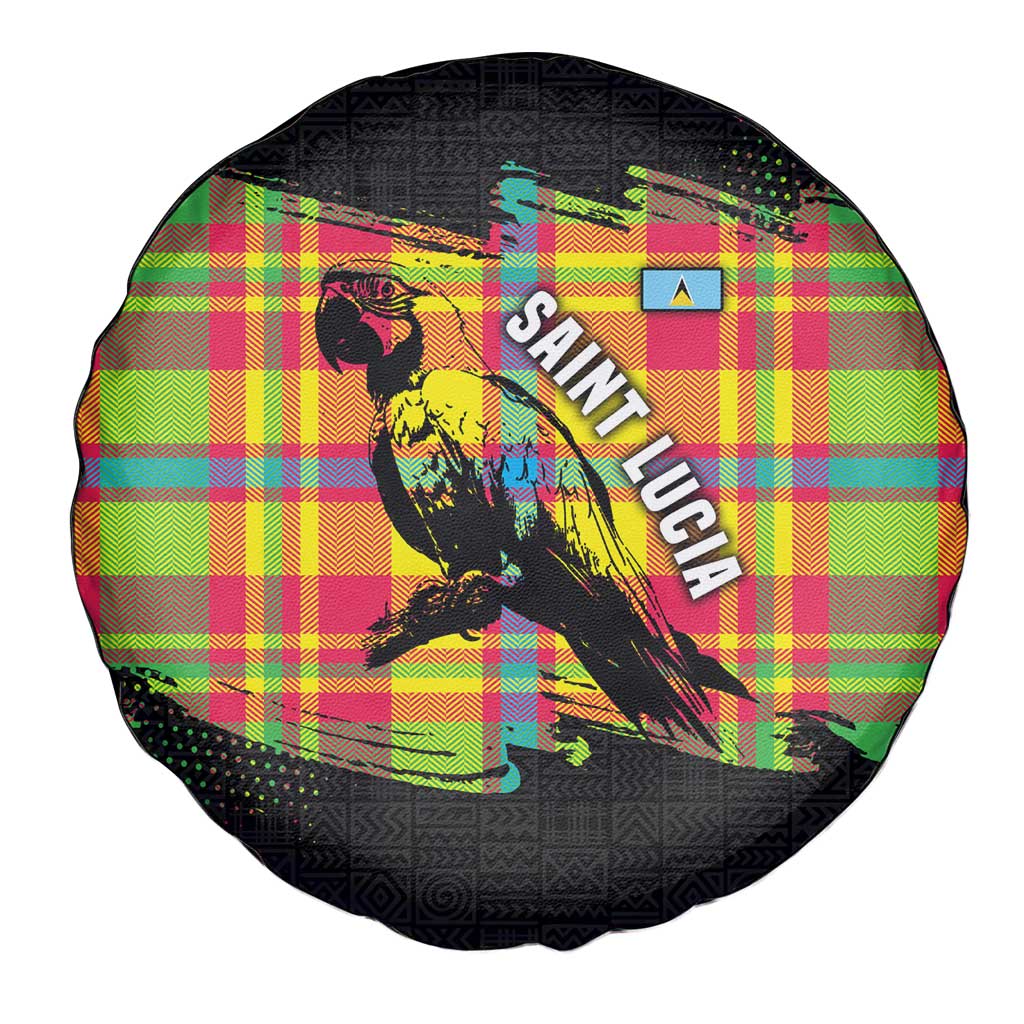 Saint Lucia Parrot Spare Tire Cover with Madras Pattern and Cultural Black Motif Design - Wonder Print Shop