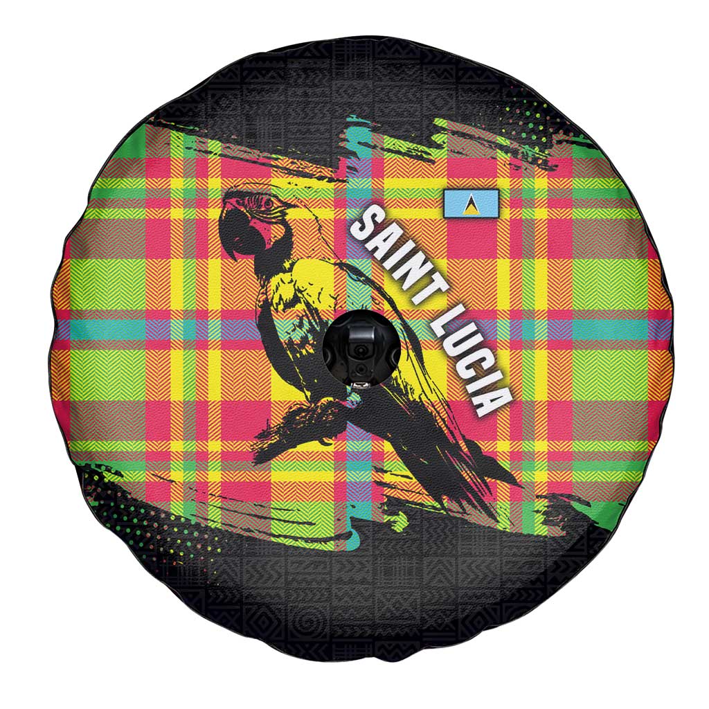 Saint Lucia Parrot Spare Tire Cover with Madras Pattern and Cultural Black Motif Design - Wonder Print Shop