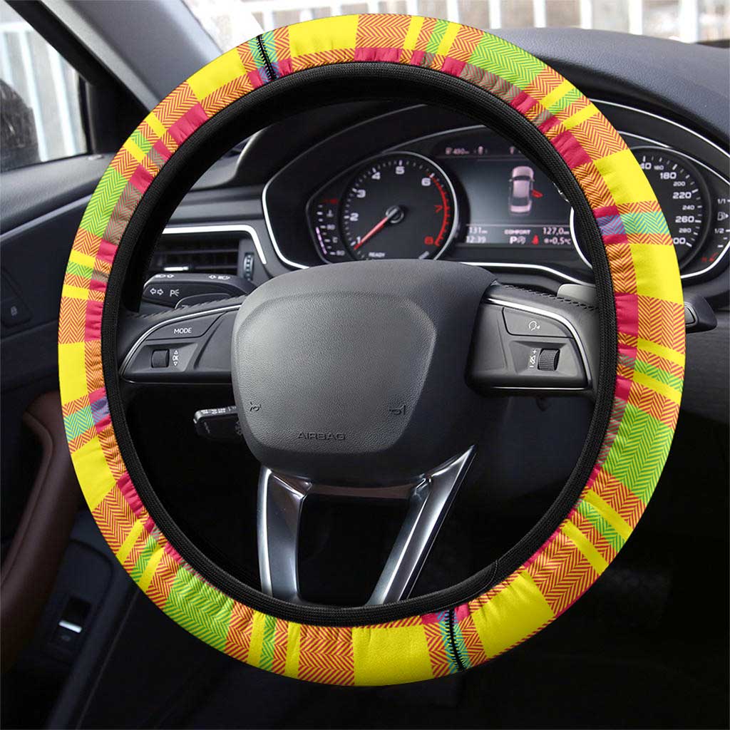 Saint Lucia Parrot Steering Wheel Cover with Madras Pattern and Cultural Black Motif Design - Wonder Print Shop