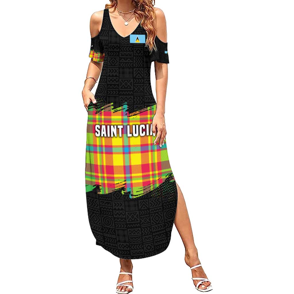 Saint Lucia Parrot Summer Maxi Dress with Madras Pattern and Cultural Black Motif Design - Wonder Print Shop
