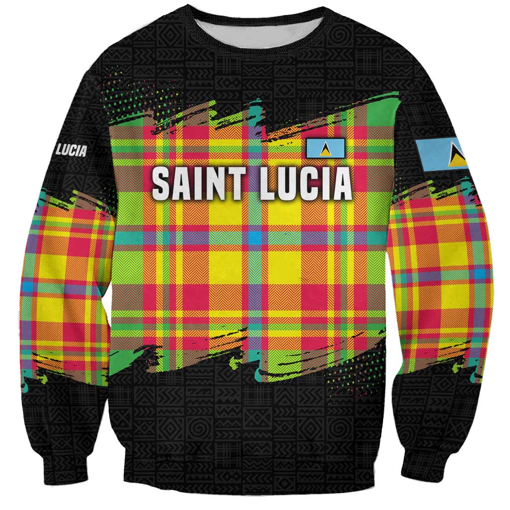 Saint Lucia Parrot Sweatshirt with Madras Pattern and Cultural Black Motif Design - Wonder Print Shop