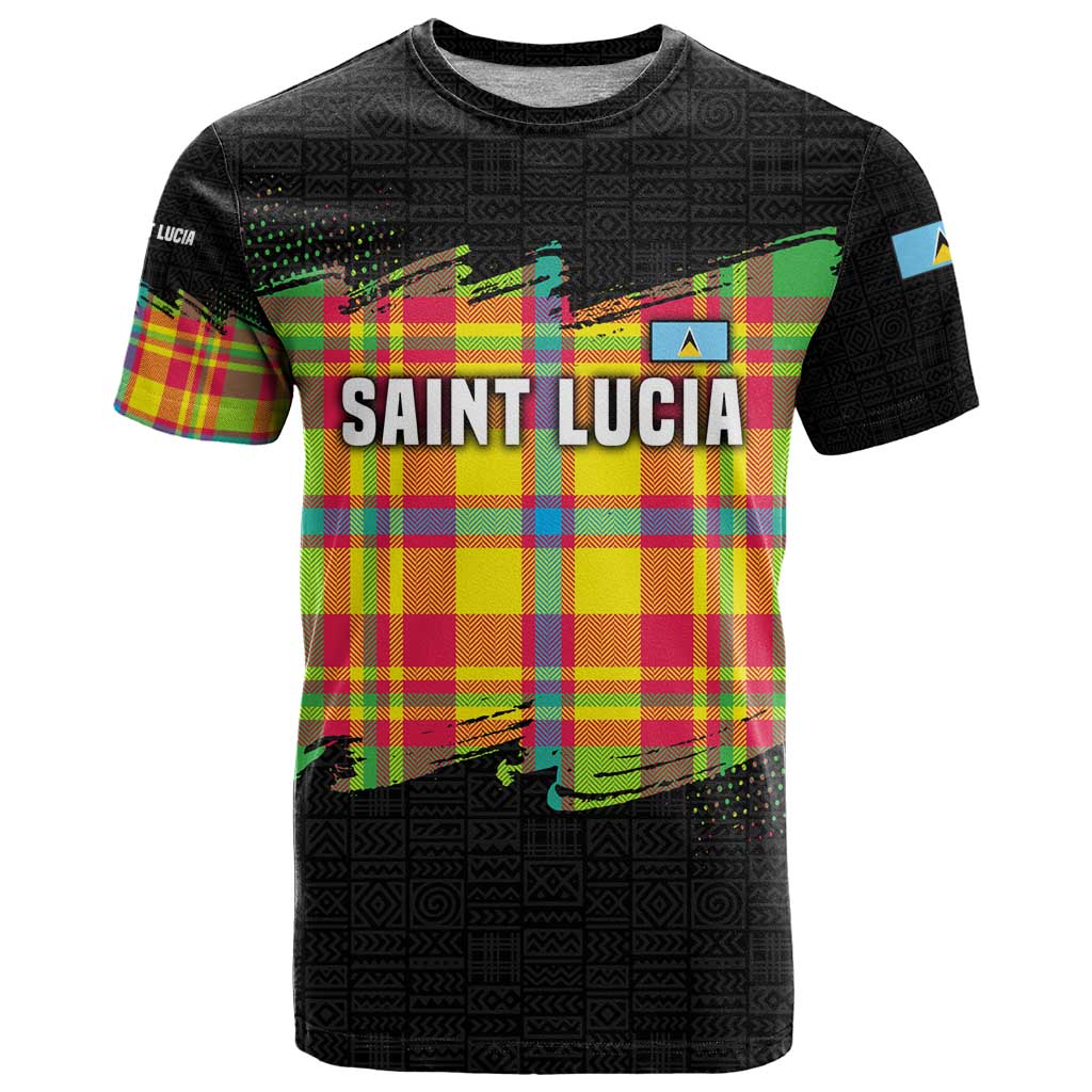 Saint Lucia Parrot T Shirt with Madras Pattern and Cultural Black Motif Design - Wonder Print Shop