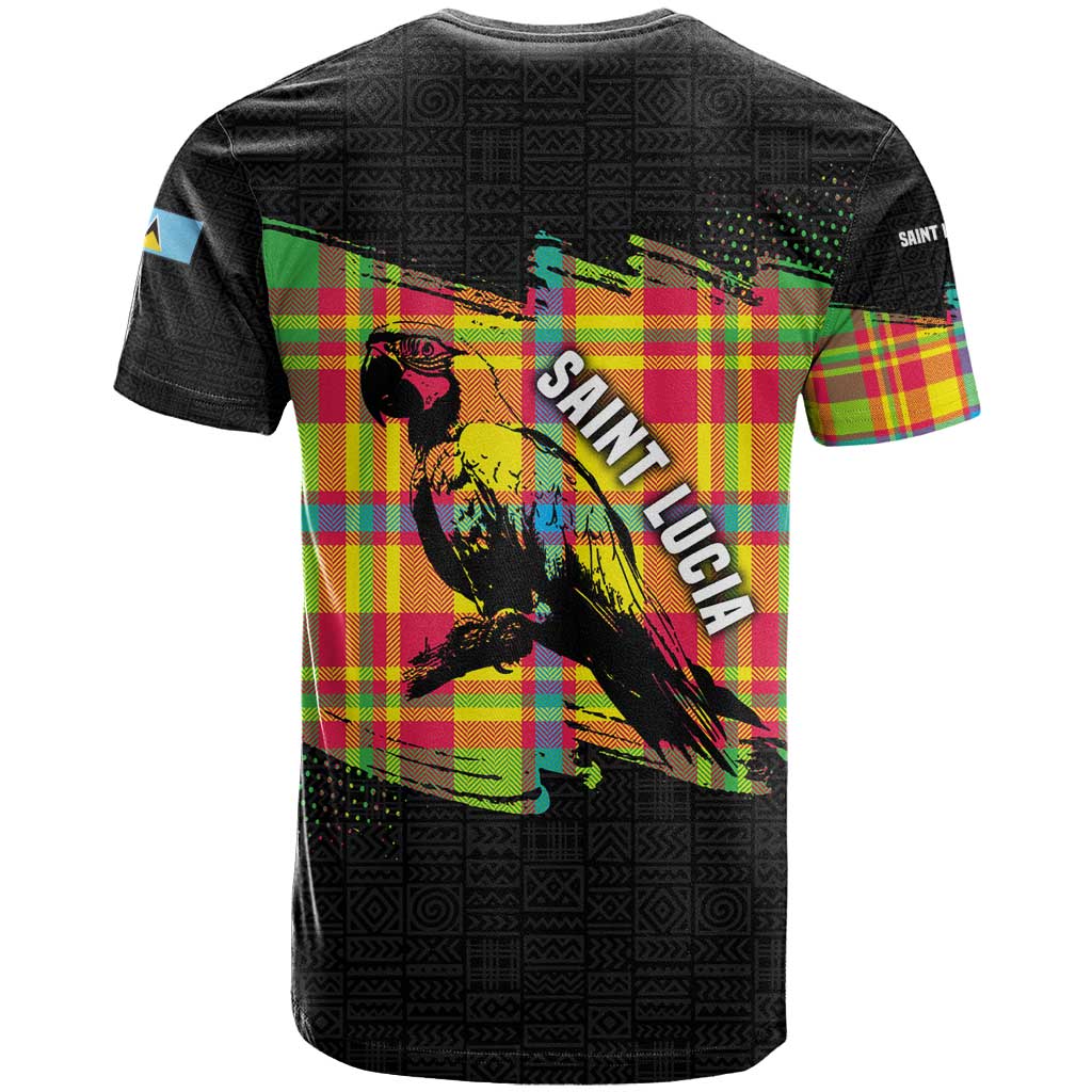 Saint Lucia Parrot T Shirt with Madras Pattern and Cultural Black Motif Design - Wonder Print Shop