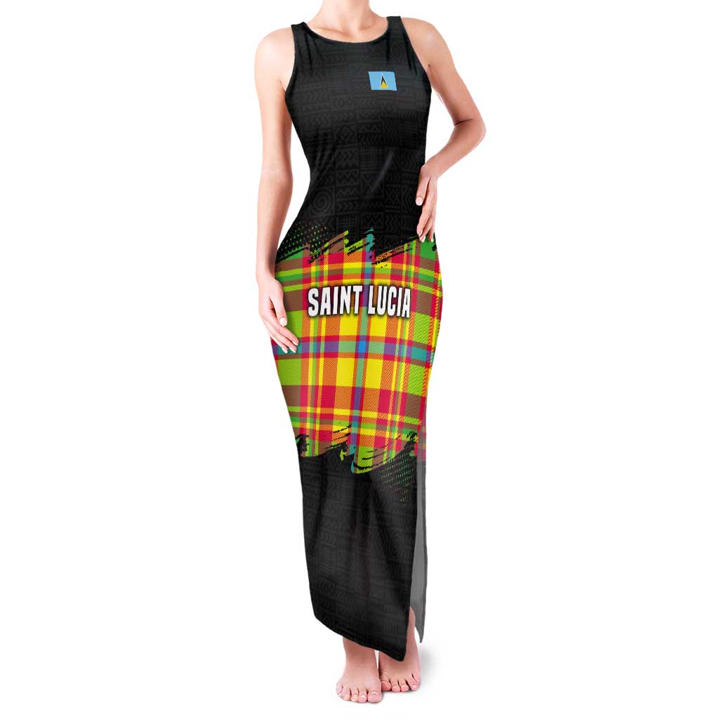 Saint Lucia Parrot Tank Maxi Dress with Madras Pattern and Cultural Black Motif Design - Wonder Print Shop