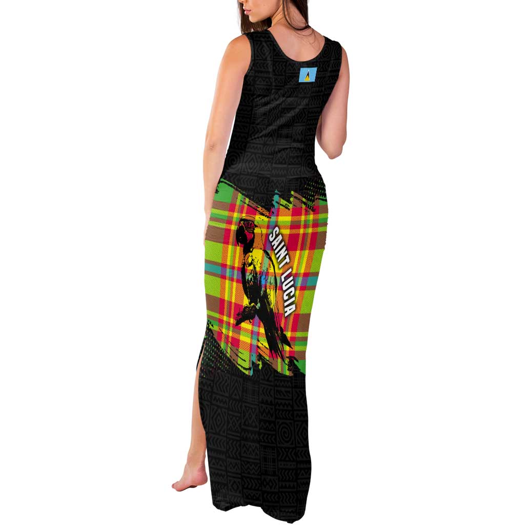 Saint Lucia Parrot Tank Maxi Dress with Madras Pattern and Cultural Black Motif Design - Wonder Print Shop