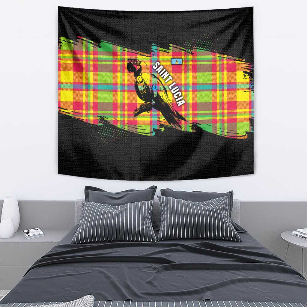 Saint Lucia Parrot Tapestry with Madras Pattern and Cultural Black Motif Design - Wonder Print Shop