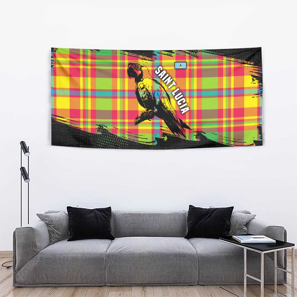 Saint Lucia Parrot Tapestry with Madras Pattern and Cultural Black Motif Design - Wonder Print Shop