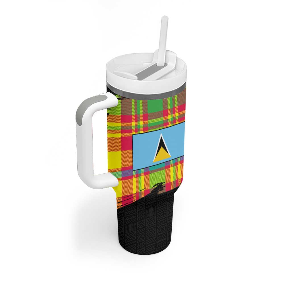 Saint Lucia Parrot Tumbler With Handle with Madras Pattern and Cultural Black Motif Design - Wonder Print Shop