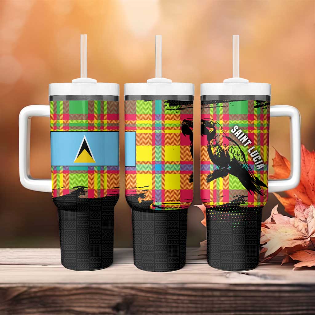 Saint Lucia Parrot Tumbler With Handle with Madras Pattern and Cultural Black Motif Design - Wonder Print Shop
