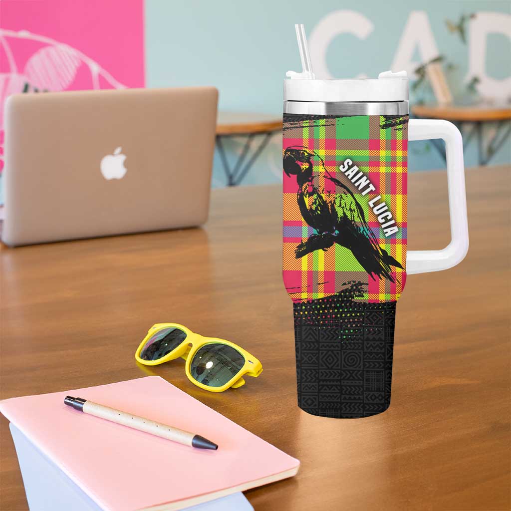 Saint Lucia Parrot Tumbler With Handle with Madras Pattern and Cultural Black Motif Design - Wonder Print Shop