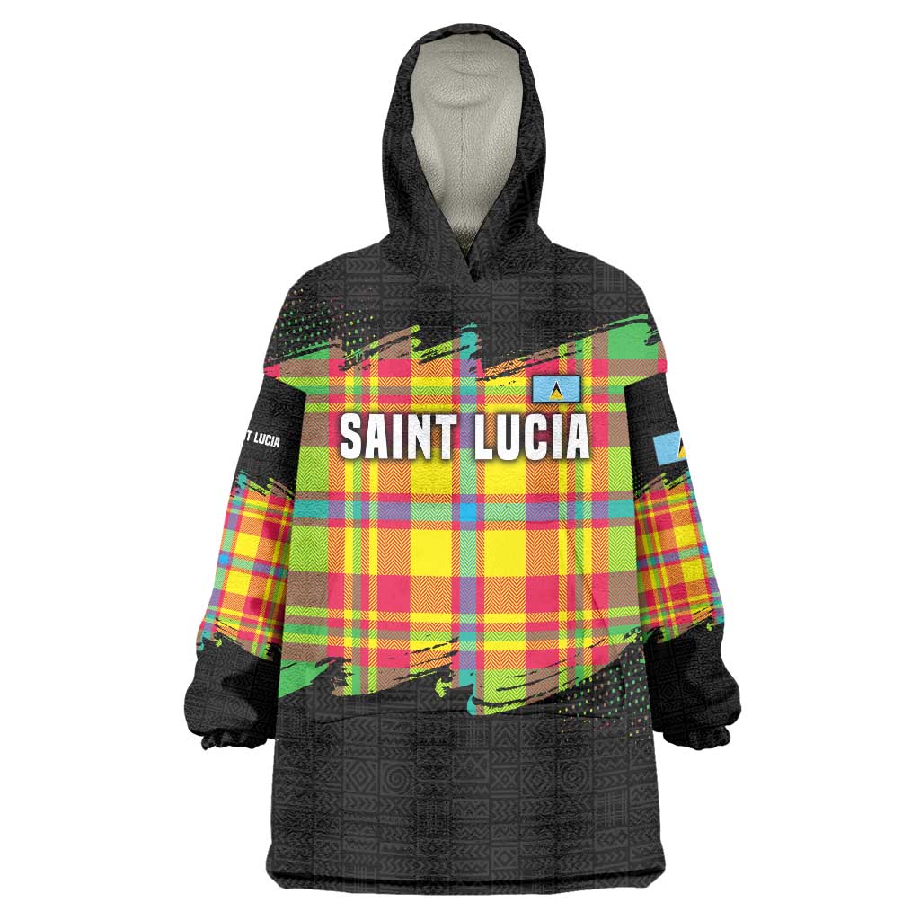 Saint Lucia Parrot Wearable Blanket Hoodie with Madras Pattern and Cultural Black Motif Design - Wonder Print Shop
