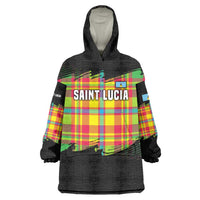 Saint Lucia Parrot Wearable Blanket Hoodie with Madras Pattern and Cultural Black Motif Design - Wonder Print Shop