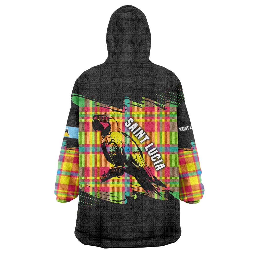 Saint Lucia Parrot Wearable Blanket Hoodie with Madras Pattern and Cultural Black Motif Design - Wonder Print Shop