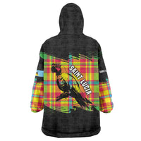 Saint Lucia Parrot Wearable Blanket Hoodie with Madras Pattern and Cultural Black Motif Design - Wonder Print Shop