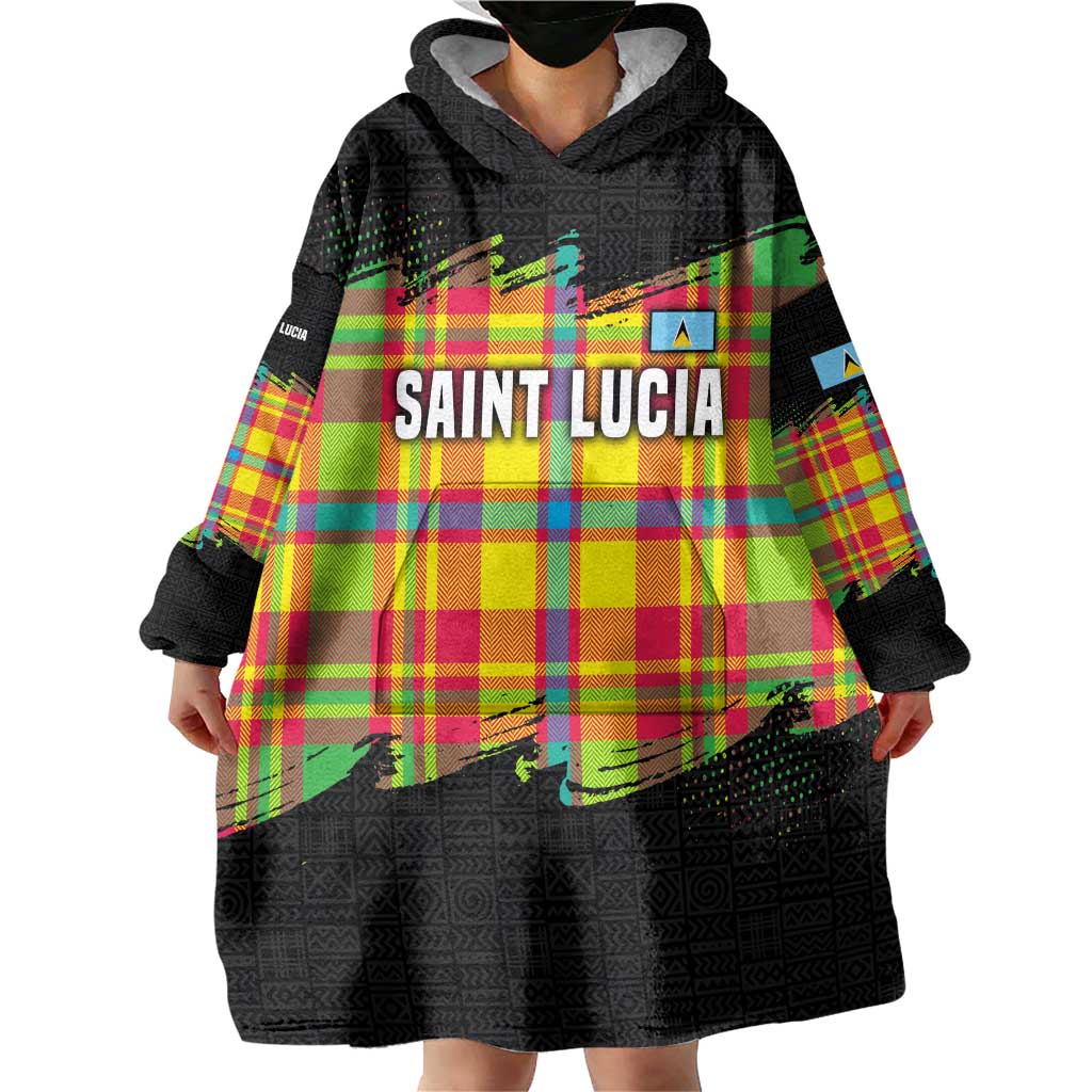 Saint Lucia Parrot Wearable Blanket Hoodie with Madras Pattern and Cultural Black Motif Design - Wonder Print Shop