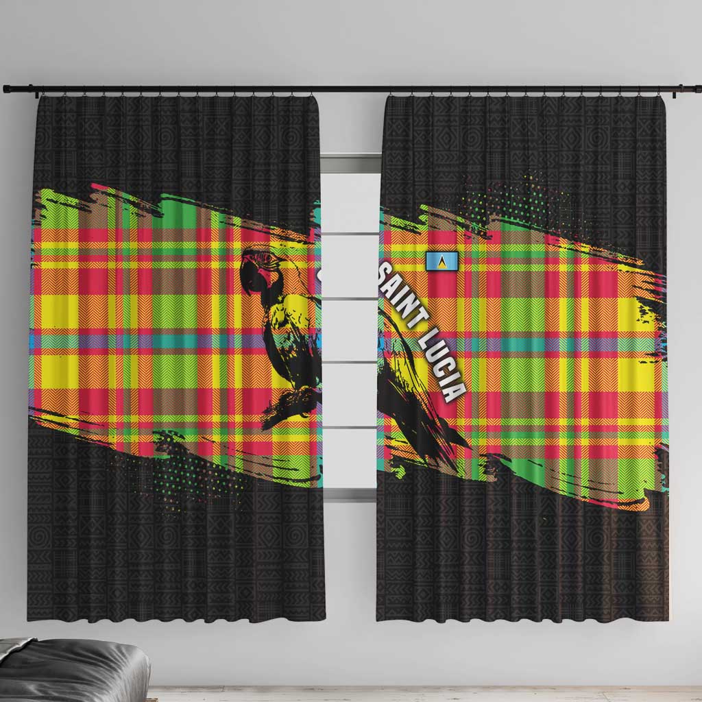 Saint Lucia Parrot Window Curtain with Madras Pattern and Cultural Black Motif Design - Wonder Print Shop