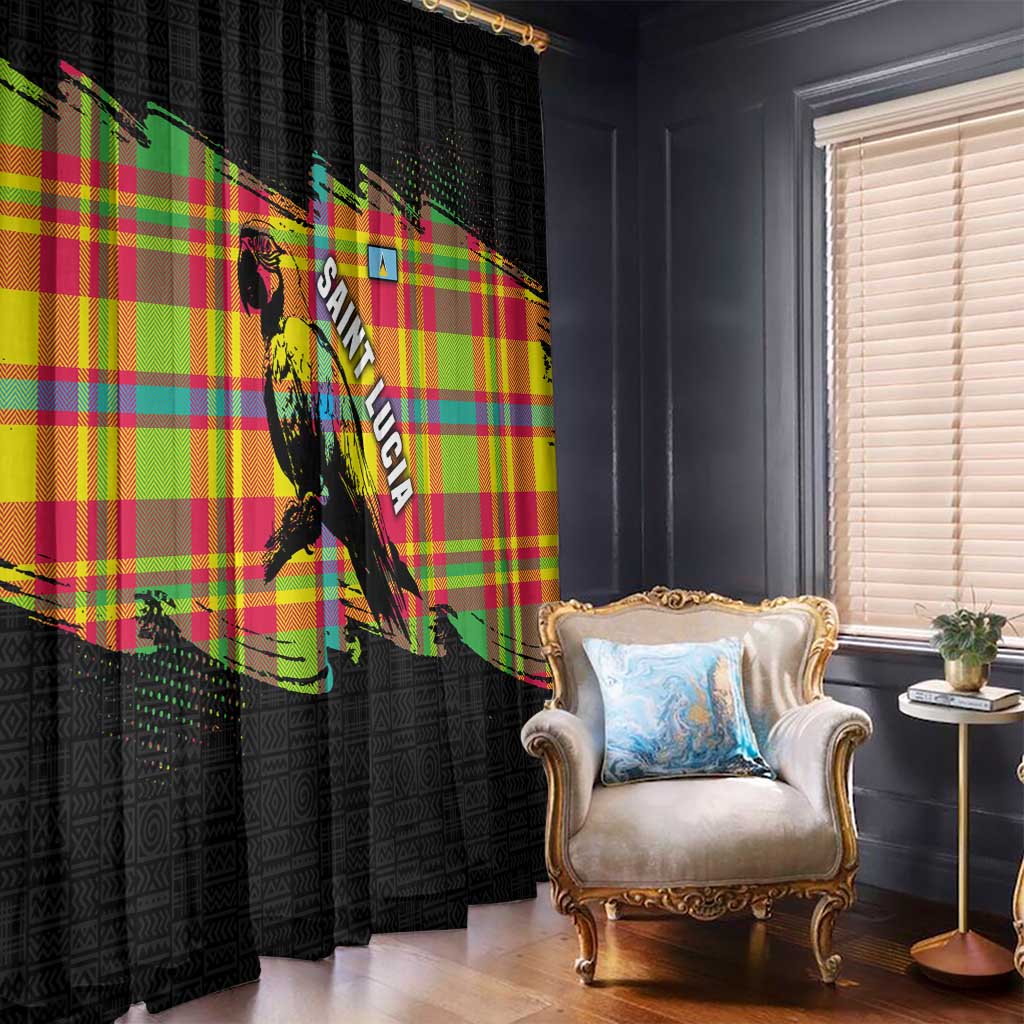 Saint Lucia Parrot Window Curtain with Madras Pattern and Cultural Black Motif Design - Wonder Print Shop