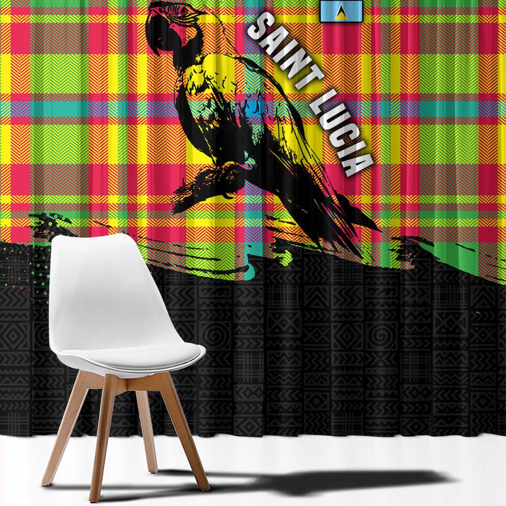 Saint Lucia Parrot Window Curtain with Madras Pattern and Cultural Black Motif Design - Wonder Print Shop