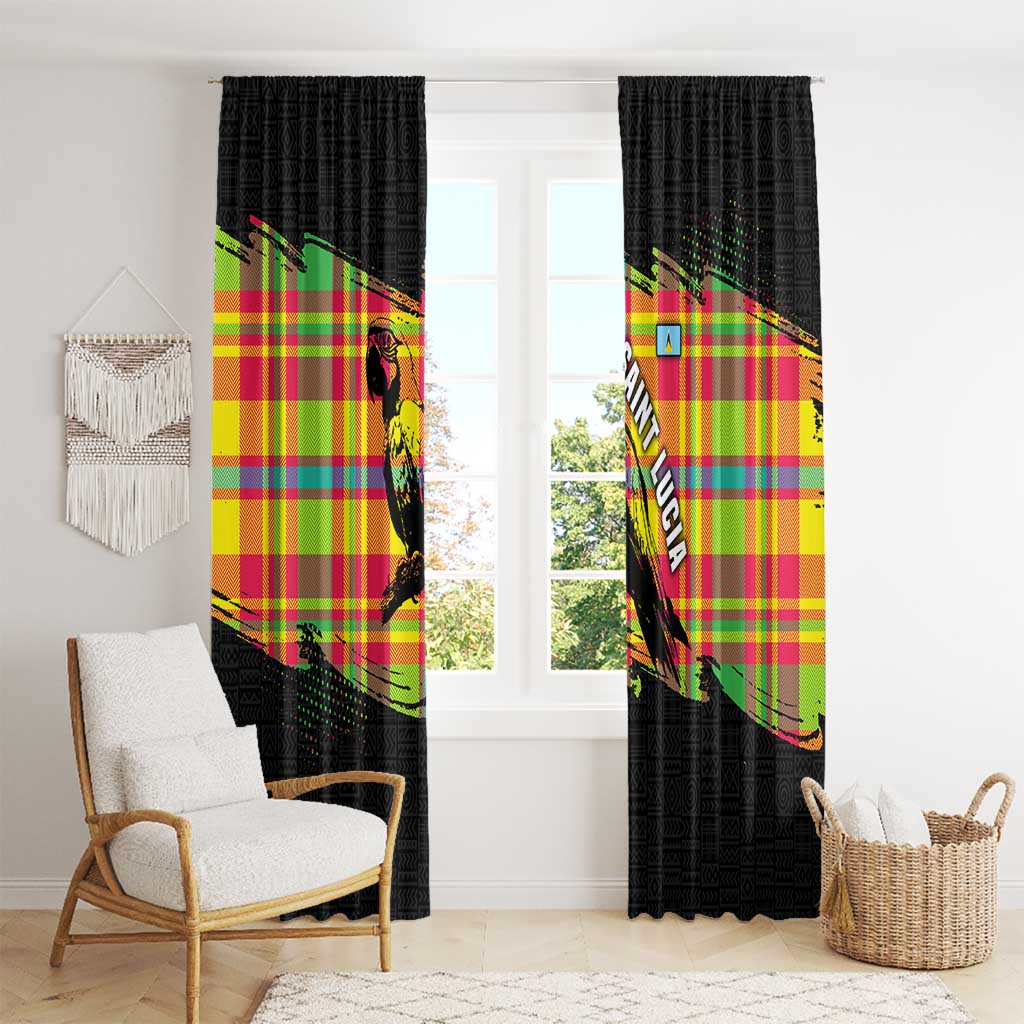 Saint Lucia Parrot Window Curtain with Madras Pattern and Cultural Black Motif Design - Wonder Print Shop