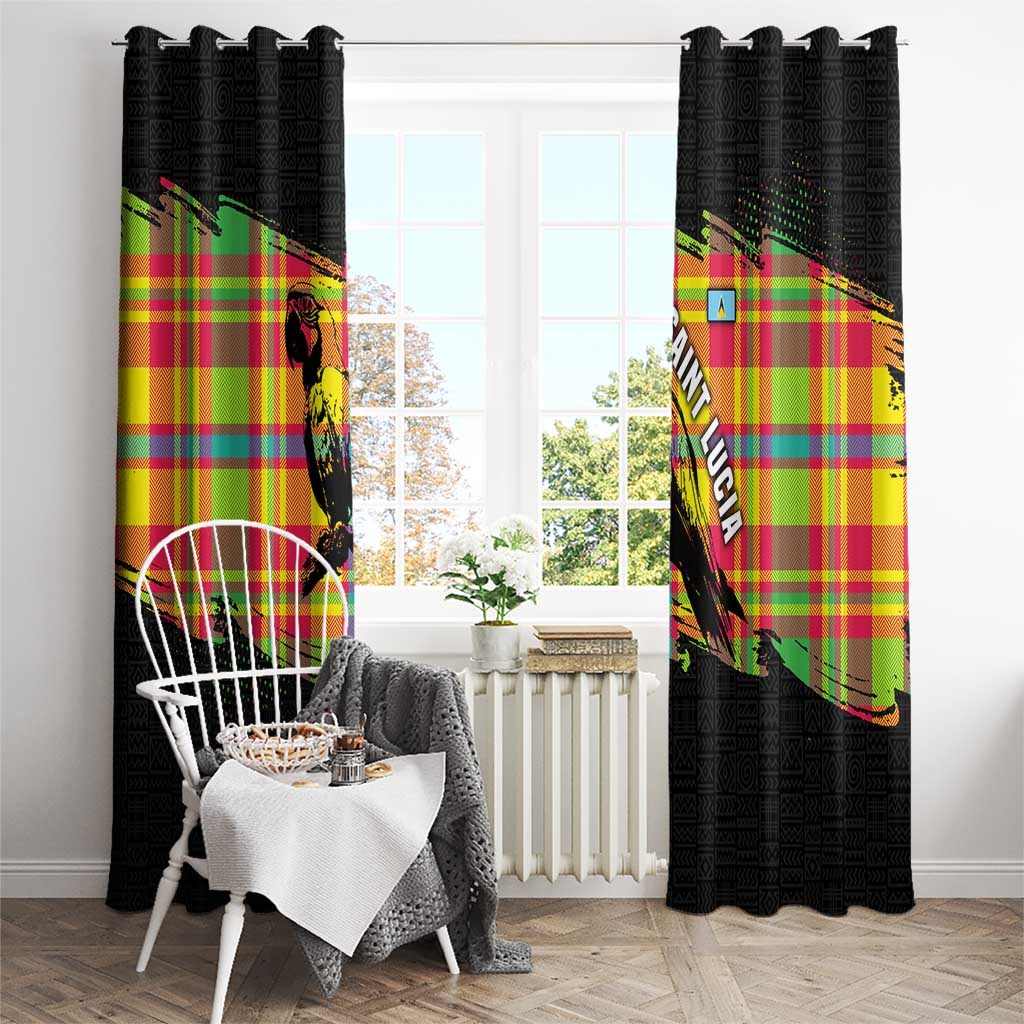 Saint Lucia Parrot Window Curtain with Madras Pattern and Cultural Black Motif Design - Wonder Print Shop