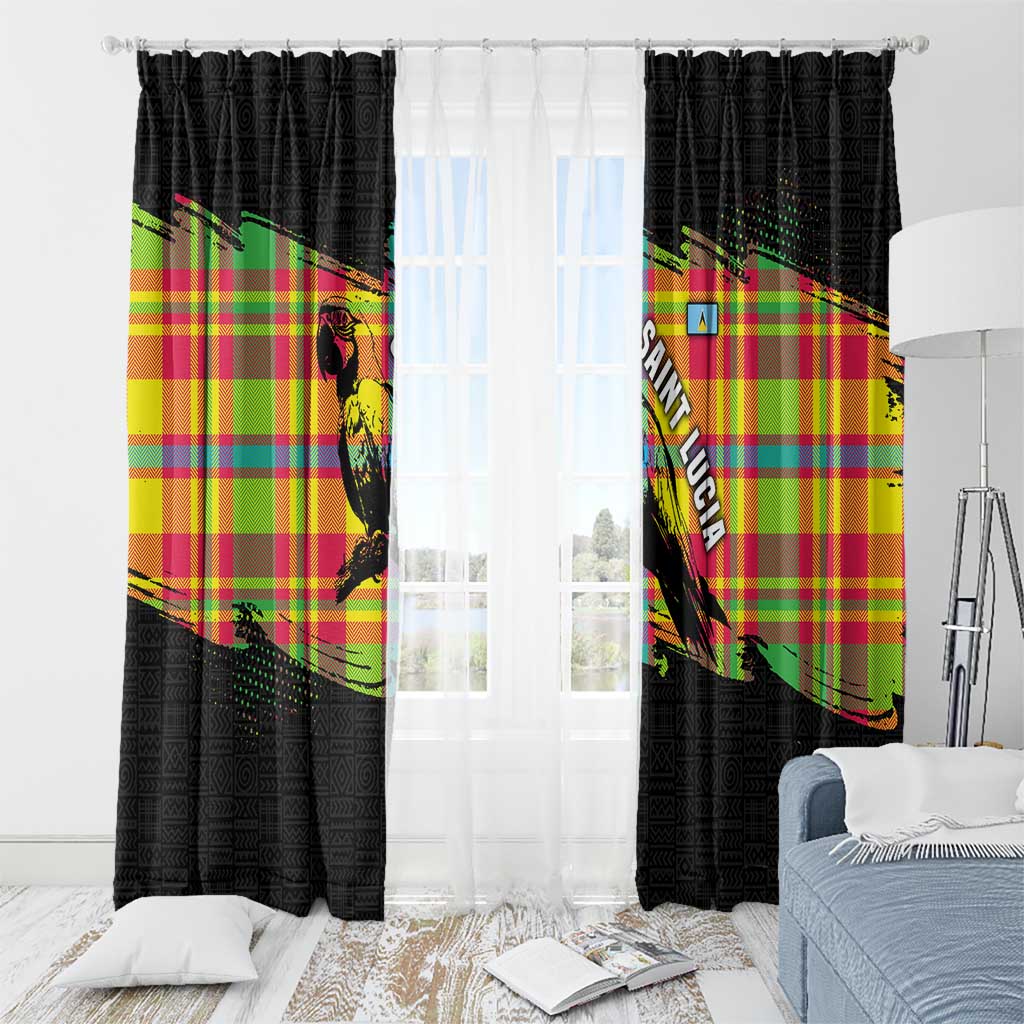 Saint Lucia Parrot Window Curtain with Madras Pattern and Cultural Black Motif Design - Wonder Print Shop