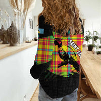 Saint Lucia Parrot Women Casual Shirt with Madras Pattern and Cultural Black Motif Design - Wonder Print Shop