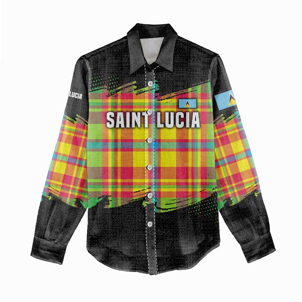 Saint Lucia Parrot Women Casual Shirt with Madras Pattern and Cultural Black Motif Design - Wonder Print Shop