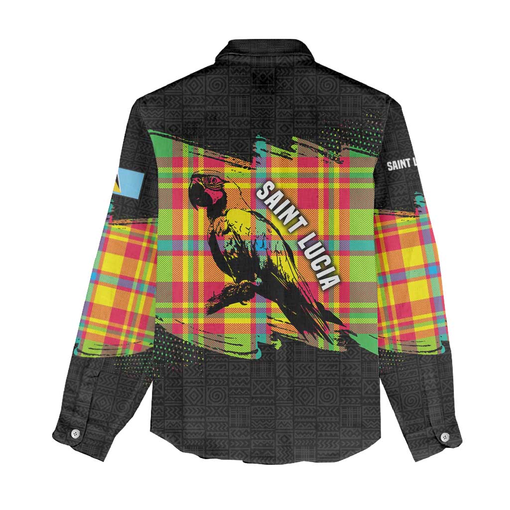 Saint Lucia Parrot Women Casual Shirt with Madras Pattern and Cultural Black Motif Design - Wonder Print Shop
